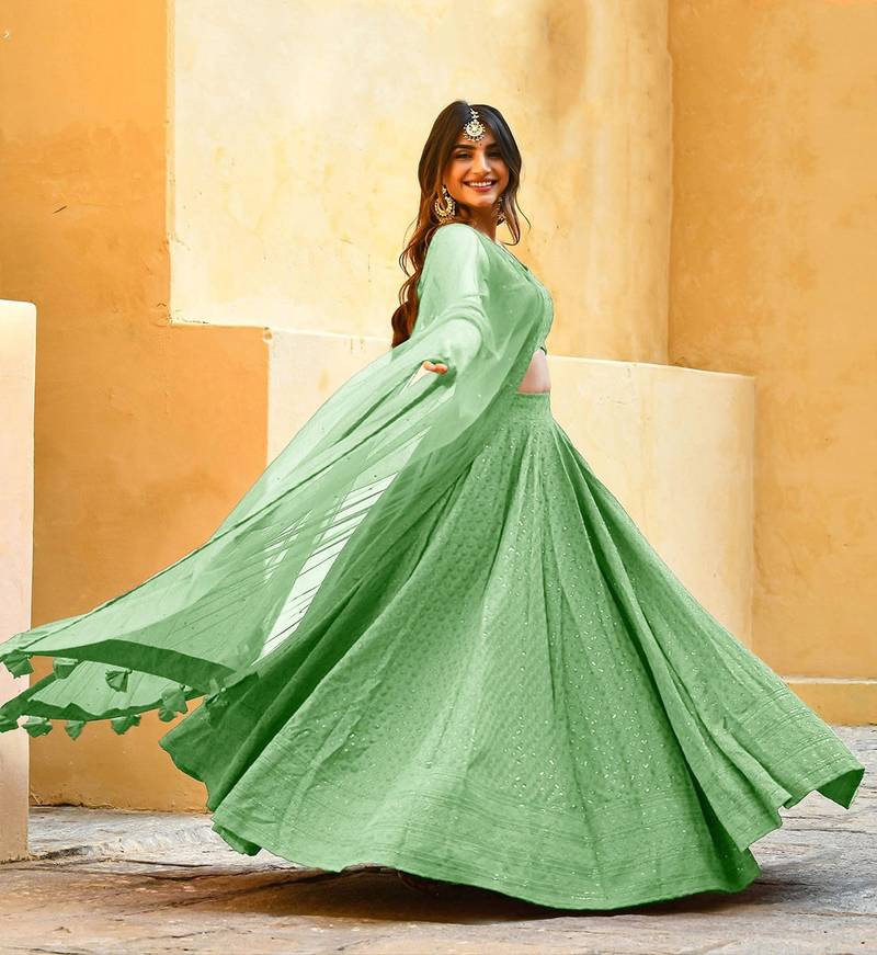mint-green sequins embroidered georgette designer indian wedding lehenga dress