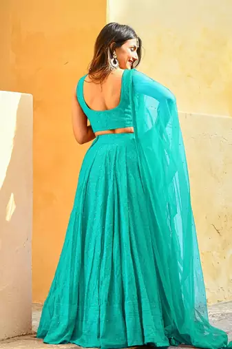 sky-blue sequins embroidered georgette engagement wear indian wedding lehenga dress