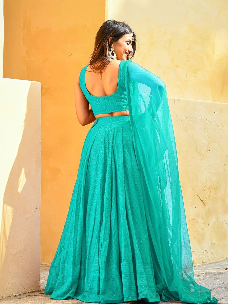 sky-blue sequins embroidered georgette engagement wear indian wedding lehenga dress