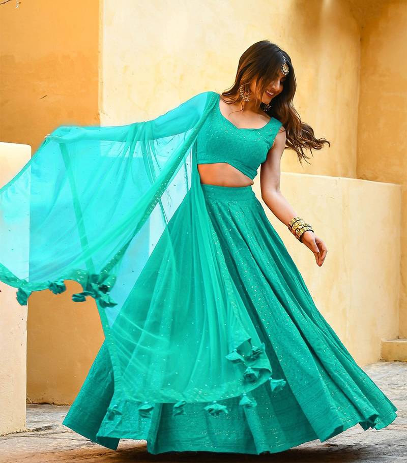 sky-blue sequins embroidered georgette engagement wear indian wedding lehenga dress