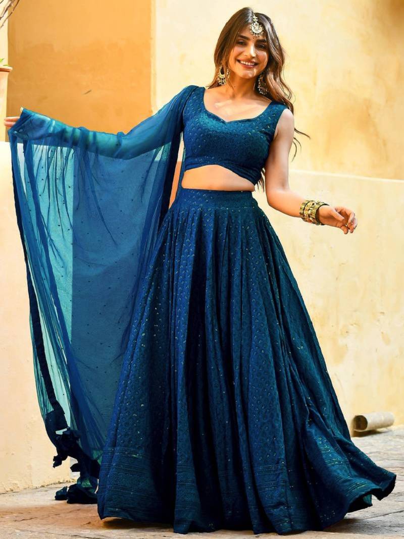 teal-blue sequins embroidered georgette designer indian wedding lehenga dress