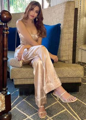 Beige  solid silk blend beige silk co-ord set 2