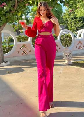Pink solid cotton blend berry-blush co-ord set 1