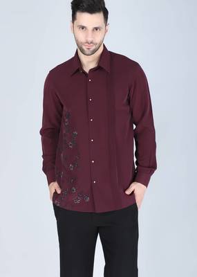 Wine red hand embroidered Long sleeve shirt for men 1