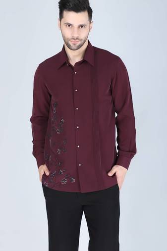Wine red hand embroidered Long sleeve shirt for men