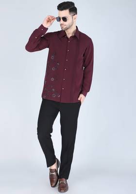 Wine red hand embroidered Long sleeve shirt for men 2