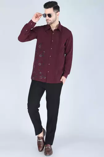 Wine red hand embroidered Long sleeve shirt for men