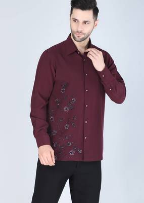 Wine red hand embroidered Long sleeve shirt for men 3