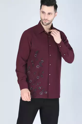 Wine red hand embroidered Long sleeve shirt for men