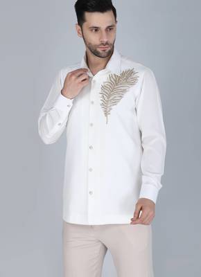 White hand embroidered Long sleeve shirt for men 1