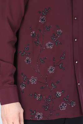 Wine red hand embroidered Long sleeve shirt for men 4