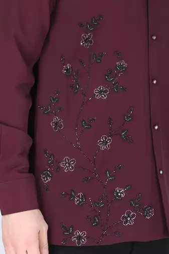 Wine red hand embroidered Long sleeve shirt for men