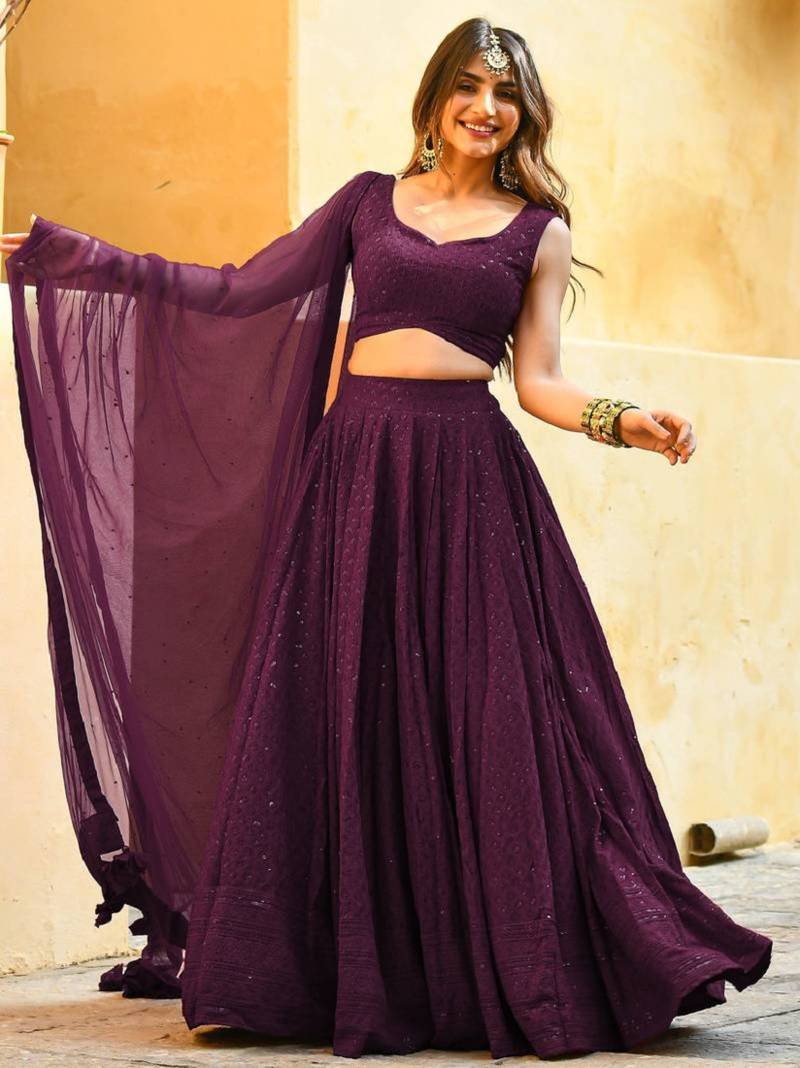 wine sequins embroidered georgette designer indian wedding lehenga dress