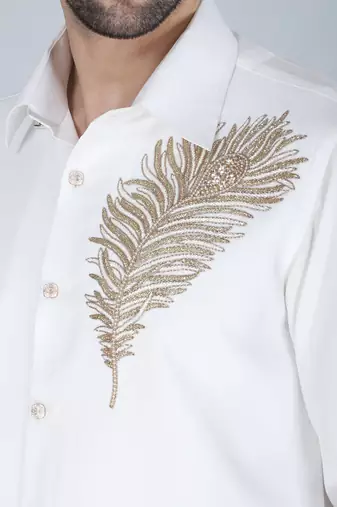 White hand embroidered Long sleeve shirt for men