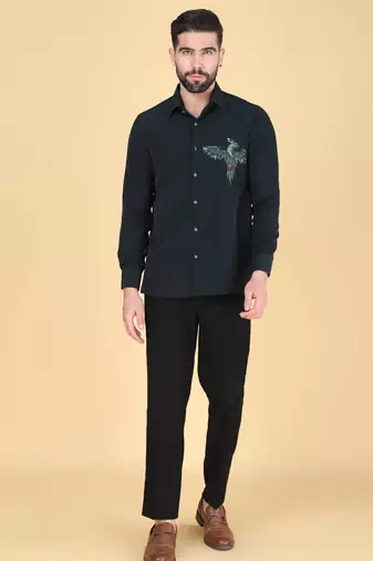 Teal green hand embroidered Long sleeve shirt for men