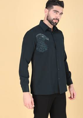 Teal green hand embroidered Long sleeve shirt for men 2