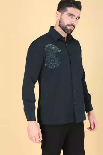 Teal green hand embroidered Long sleeve shirt for men