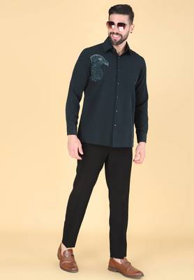 Teal green hand embroidered Long sleeve shirt for men 3