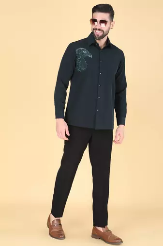 Teal green hand embroidered Long sleeve shirt for men