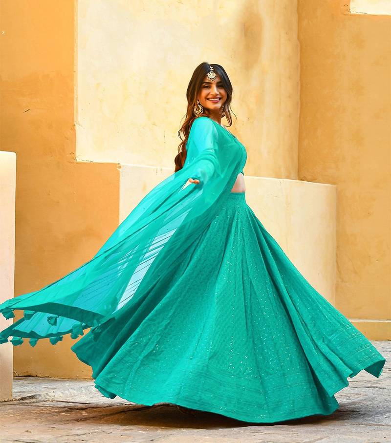 sky-blue sequins embroidered georgette engagement wear indian wedding lehenga dress