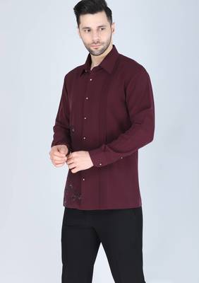 Wine red hand embroidered Long sleeve shirt for men 5