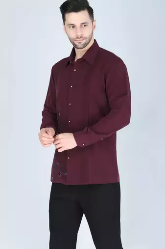 Wine red hand embroidered Long sleeve shirt for men