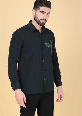 Teal green hand embroidered Long sleeve shirt for men 5