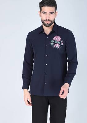 Navy blue lotus motif hand embroidered Long sleeve shirt for men 1