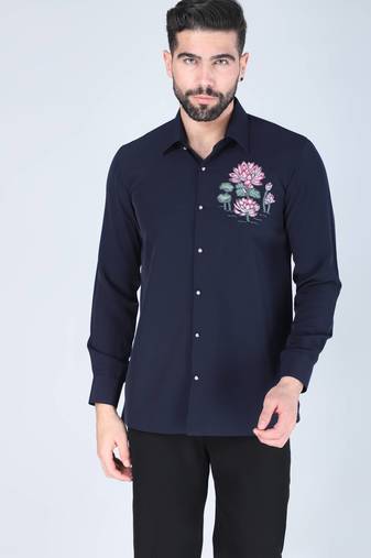 Navy blue lotus motif hand embroidered Long sleeve shirt for men