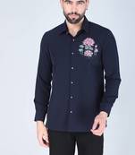 Navy blue lotus motif hand embroidered Long sleeve shirt for men