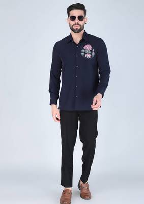 Navy blue lotus motif hand embroidered Long sleeve shirt for men 2