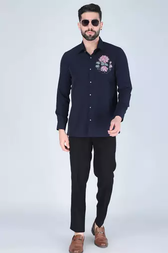 Navy blue lotus motif hand embroidered Long sleeve shirt for men