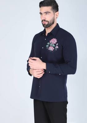 Navy blue lotus motif hand embroidered Long sleeve shirt for men 3