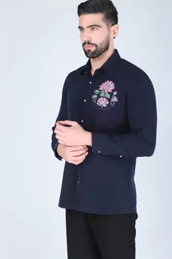 Navy blue lotus motif hand embroidered Long sleeve shirt for men