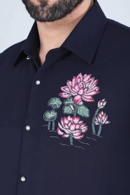 Navy blue lotus motif hand embroidered Long sleeve shirt for men 4