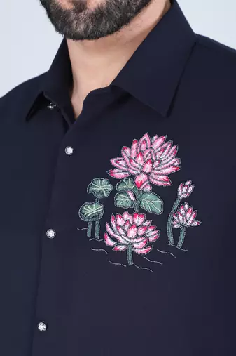 Navy blue lotus motif hand embroidered Long sleeve shirt for men