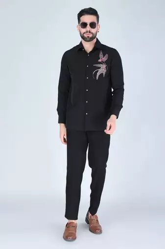 Black hand embroidered Long sleeve shirt for men