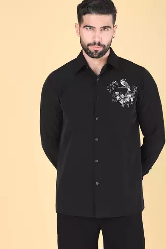 Black hand embroidered Long sleeve shirt for men
