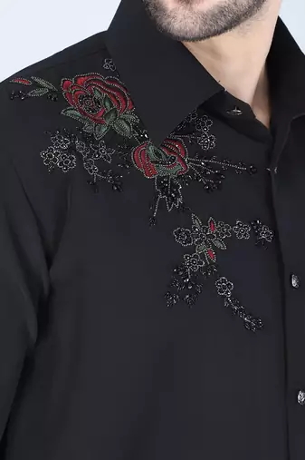 Black hand embroidered Long sleeve shirt for men