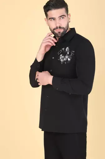 Black hand embroidered Long sleeve shirt for men