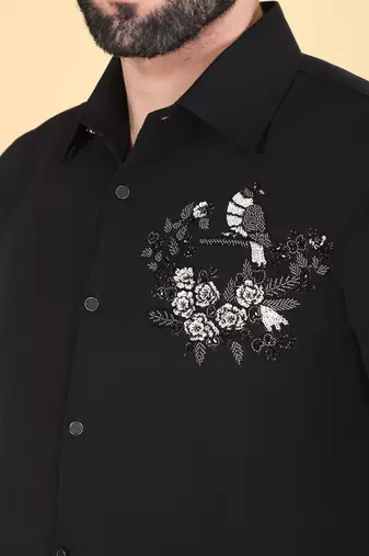 Black hand embroidered Long sleeve shirt for men