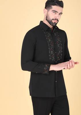 Black hand embroidered Long sleeve shirt for men 2