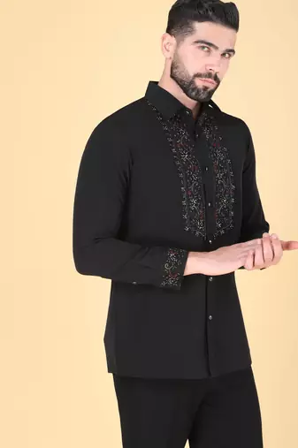 Black hand embroidered Long sleeve shirt for men