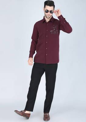 Wine red hand embroidered Long sleeve shirt for men 1