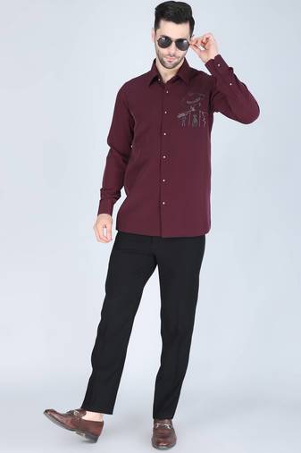 Wine red hand embroidered Long sleeve shirt for men