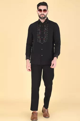 Black hand embroidered Long sleeve shirt for men