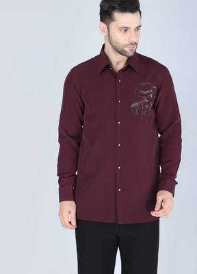 Wine red hand embroidered Long sleeve shirt for men 2