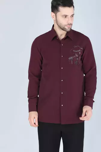 Wine red hand embroidered Long sleeve shirt for men