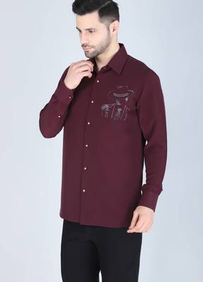 Wine red hand embroidered Long sleeve shirt for men 3