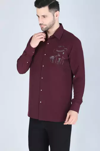 Wine red hand embroidered Long sleeve shirt for men